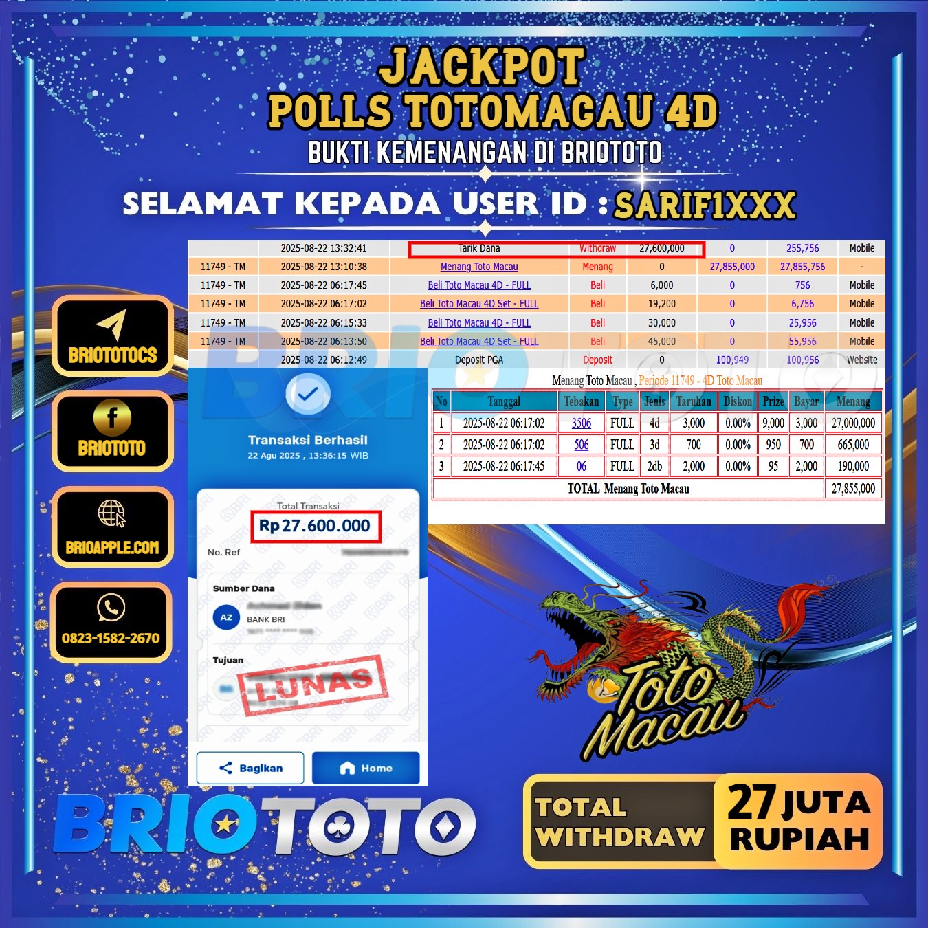 BRIOTOTO JACKPOT TOGEL PASARAN TOTOMACAU 4D RP.27.000.000,- LUNAS USER ID : SARIF1***