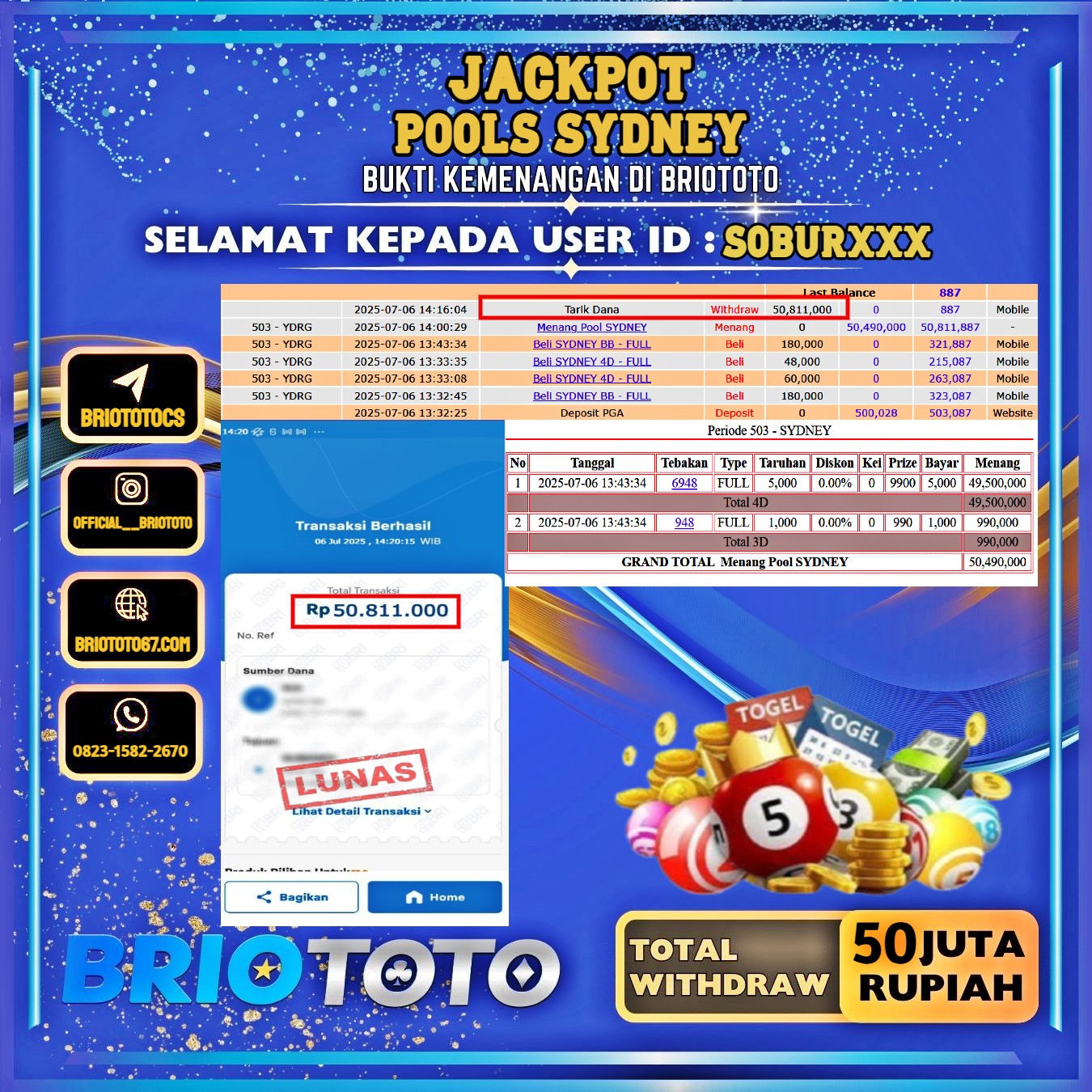 BRIOTOTO JACKPOT TOGEL PASARAN SYDNEY RP.50.000.000,- LUNAS USER ID : SOBUR***