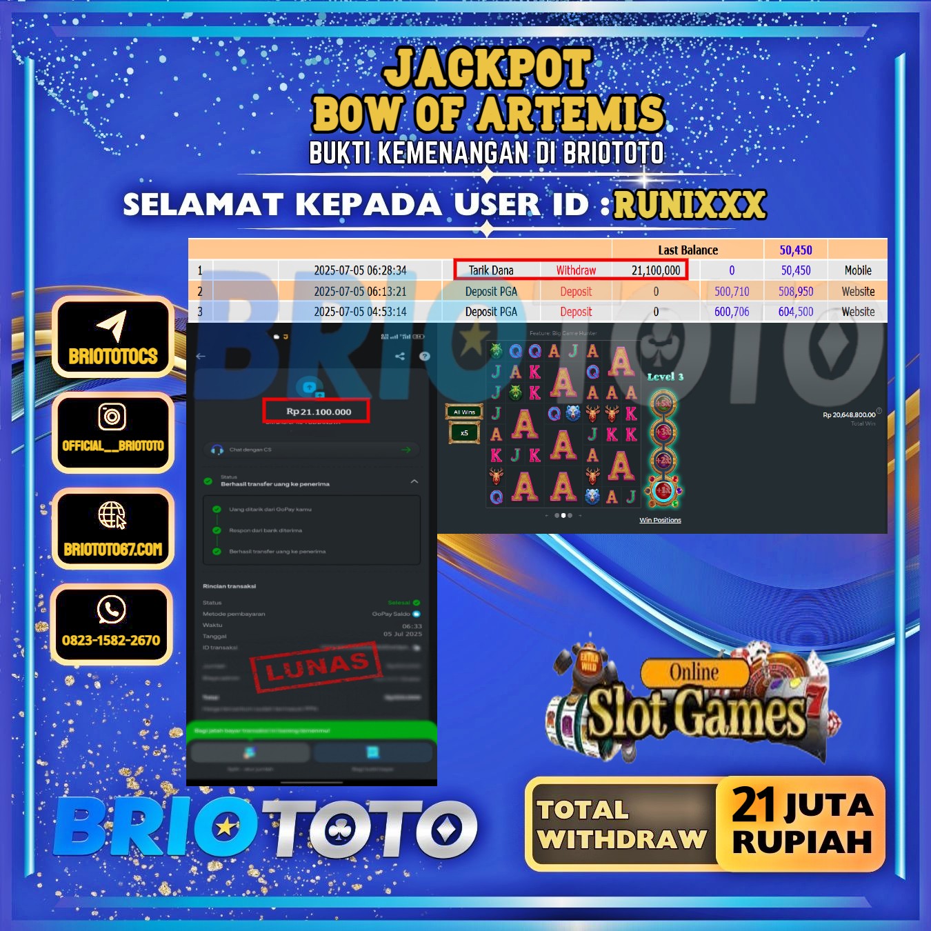 BRIOTOTO JACKPOT SLOT BOW OF ARTEMIS RP.21.000.000,- LUNAS USER ID : RUNI***