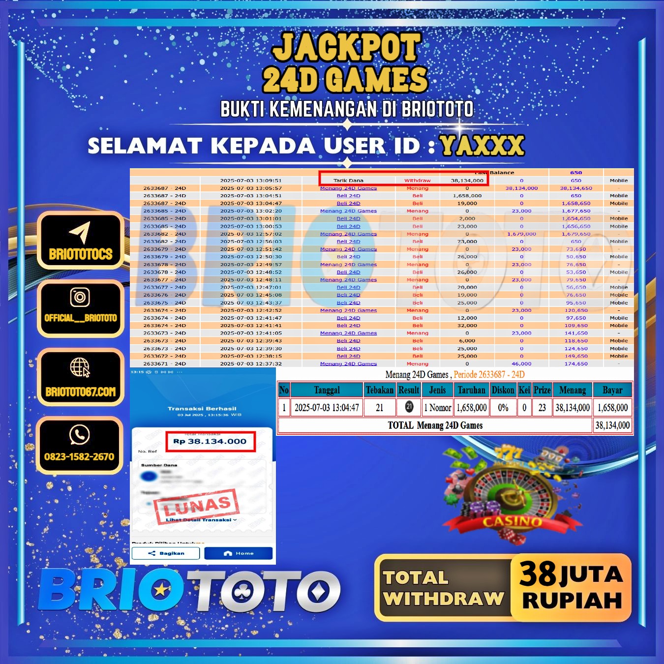 BRIOTOTO JACKPOT LIVE GAME 24D GAMES RP.38.000.000,- LUNAS USER ID : YA****