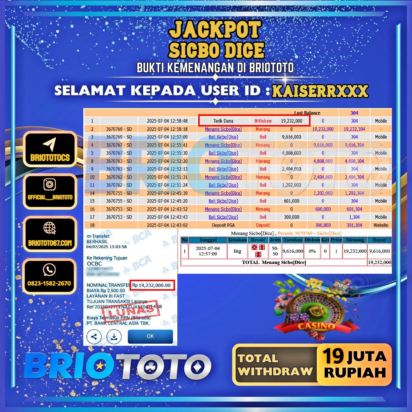 BRIOTOTO JACKPOT LIVE GAME SICBO DICE RP.19.000.000,- LUNAS USER ID : KAISERR***