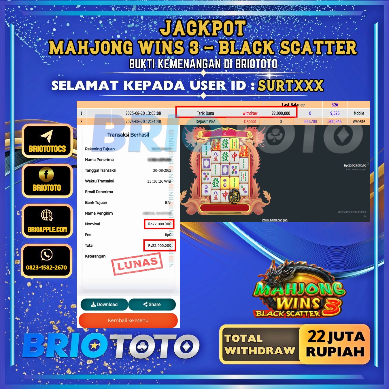 BRIOTOTO JACKPOT SLOT MAHJONG WINS 3 BLACK SCATTER RP.22.000.000,- LUNAS USER ID : SURT***
