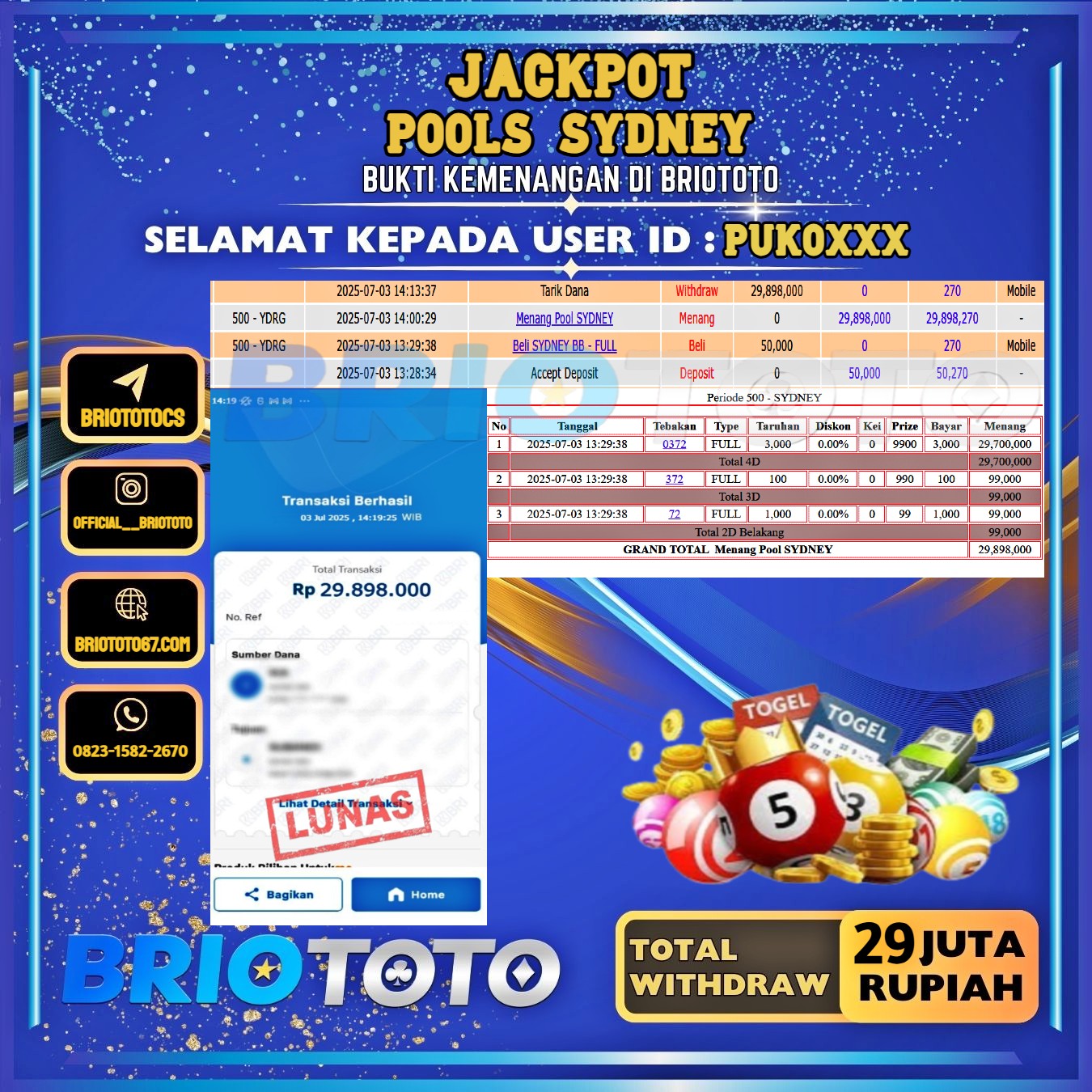 BRIOTOTO JACKPOT TOGEL PASARAN SYDNEY RP.29.000.000,- LUNAS USER ID : PUKO****