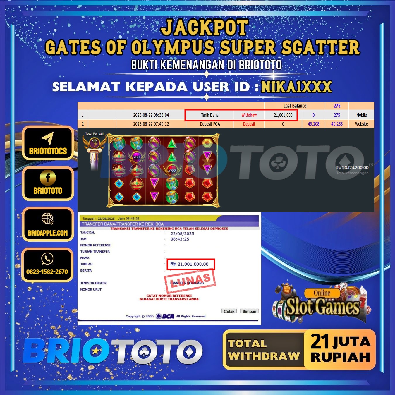 BRIOTOTO JACKPOT SLOT GAETS OF OLYMPUS SUPER SCATTER RP.21.000.000,- LUNAS USER ID : NIKA1***