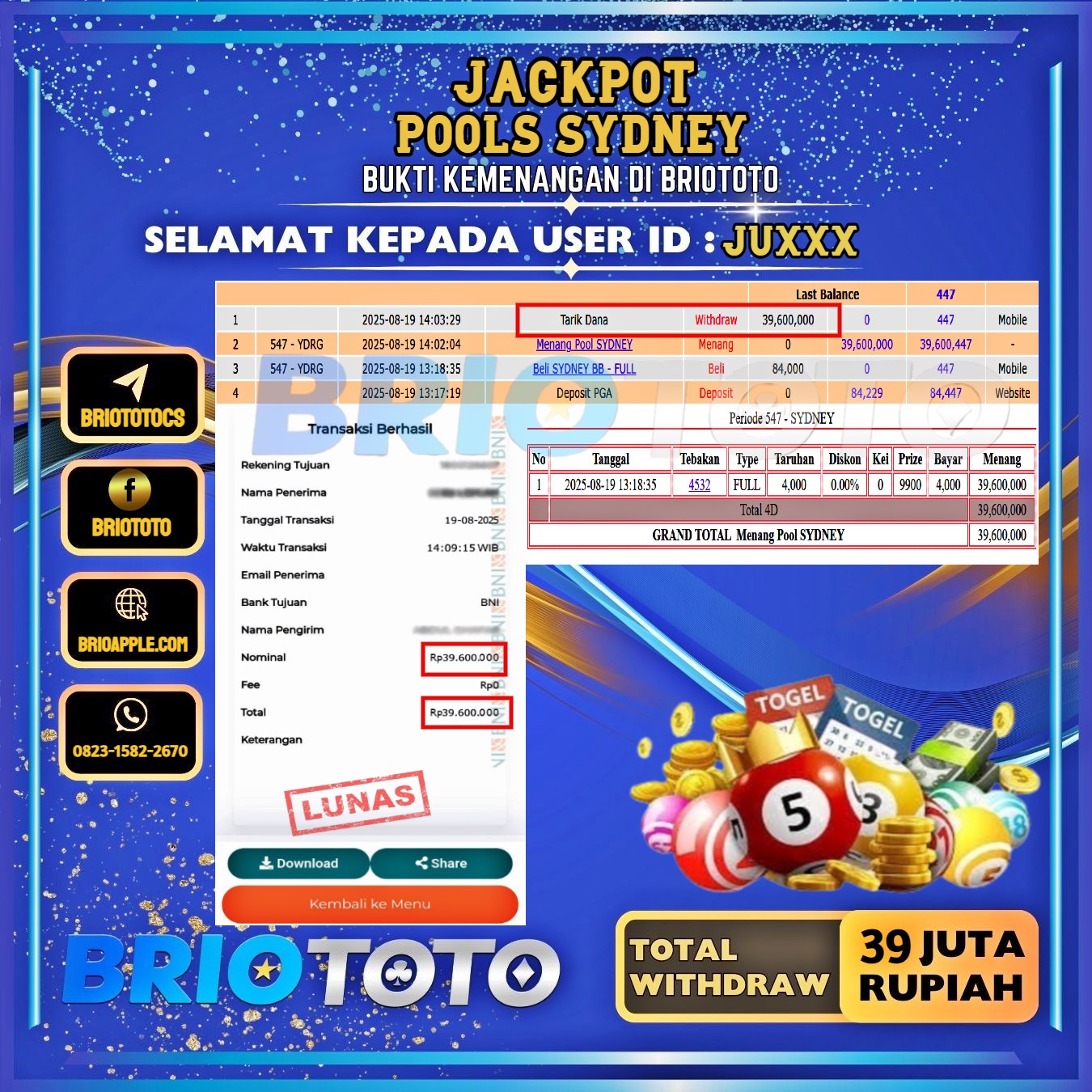 BRIOTOTO JACKPOT TOGEL PASARAN SYDNEY RP.39.000.000,- LUNAS USER ID : JU***