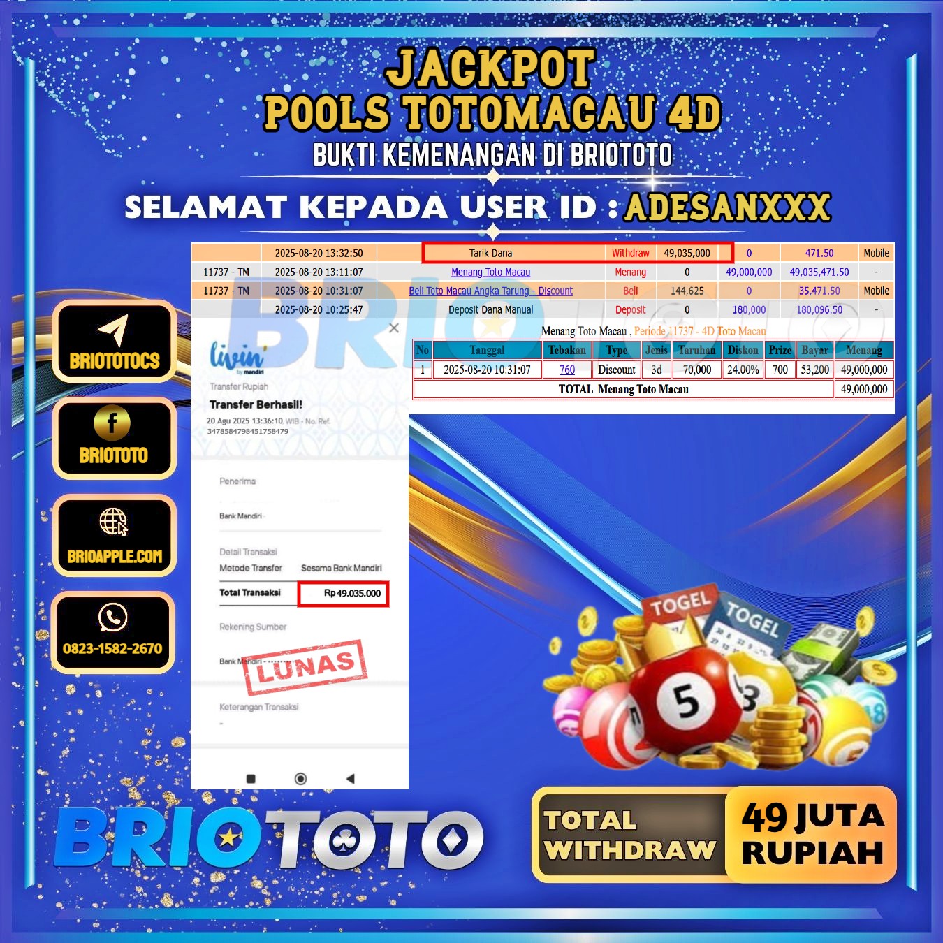 BRIOTOTO JACKPOT TOGEL PASARAN TOTOMACAU 4D RP.49.000.000,- LUNAS USER ID : ADESAN***