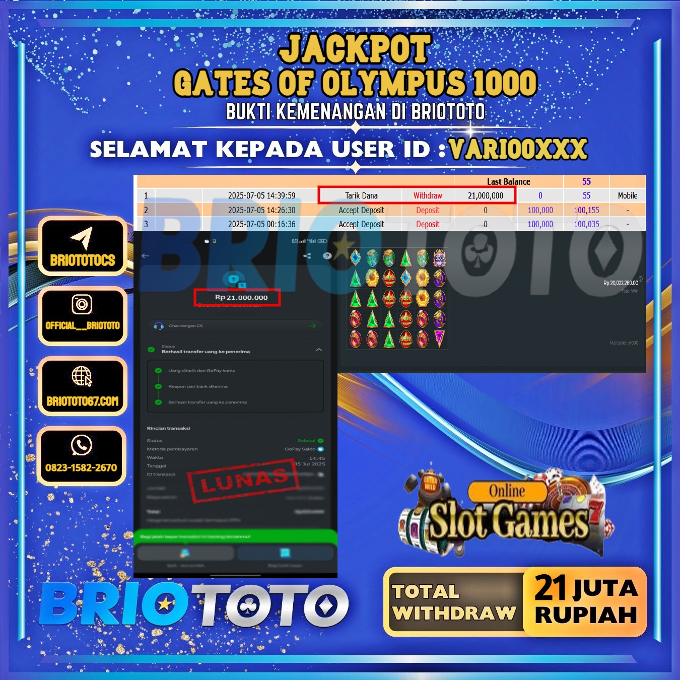 BRIOTOTO JACKPOT SLOT GATES OF OLYMPUS 1000 RP.21.000.000,- LUNAS USER ID : VARIO0***