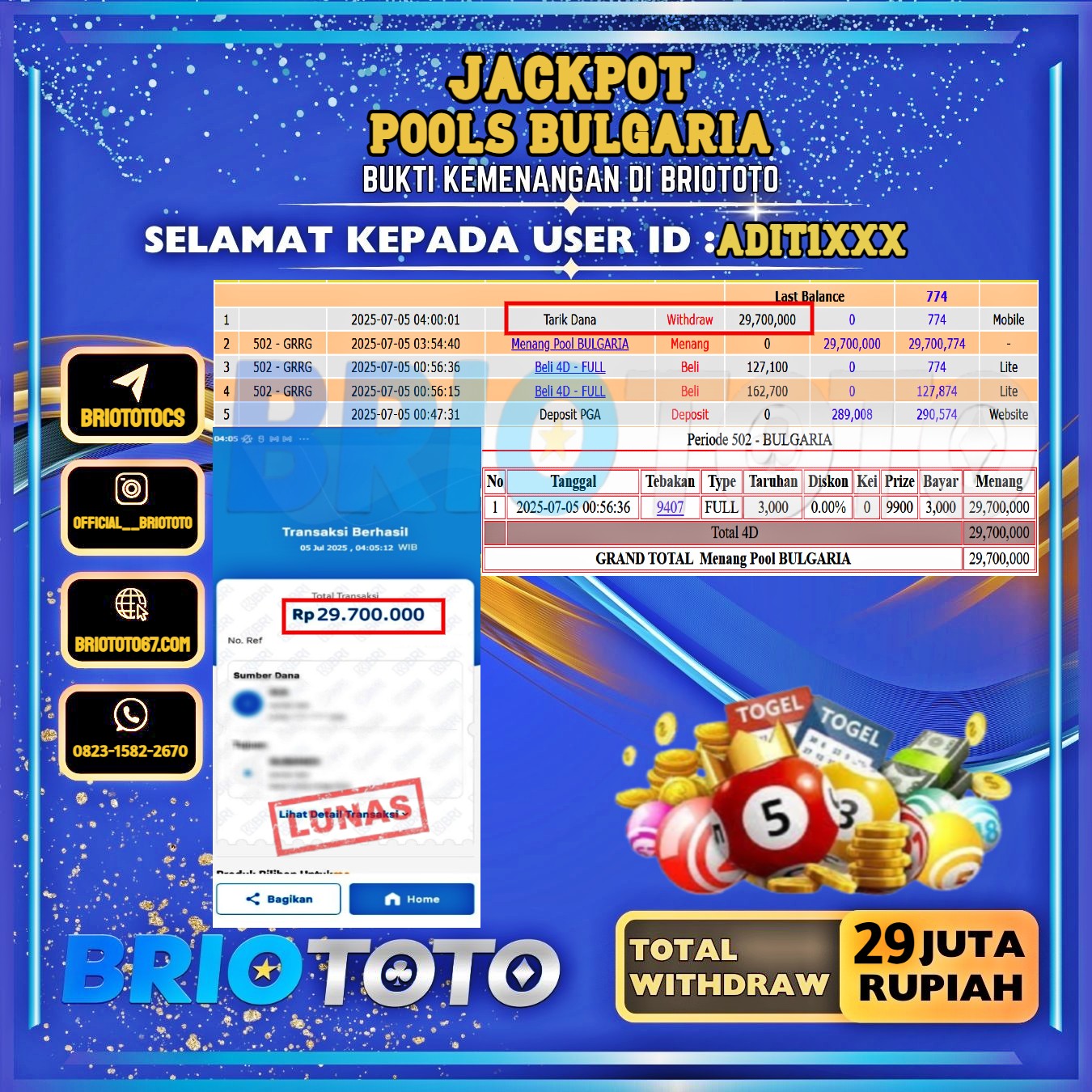 BRIOTOTO JACKPOT TOGEL PASARAN BULGARIA RP.29.000.000,- LUNAS USER ID : ADIT1***