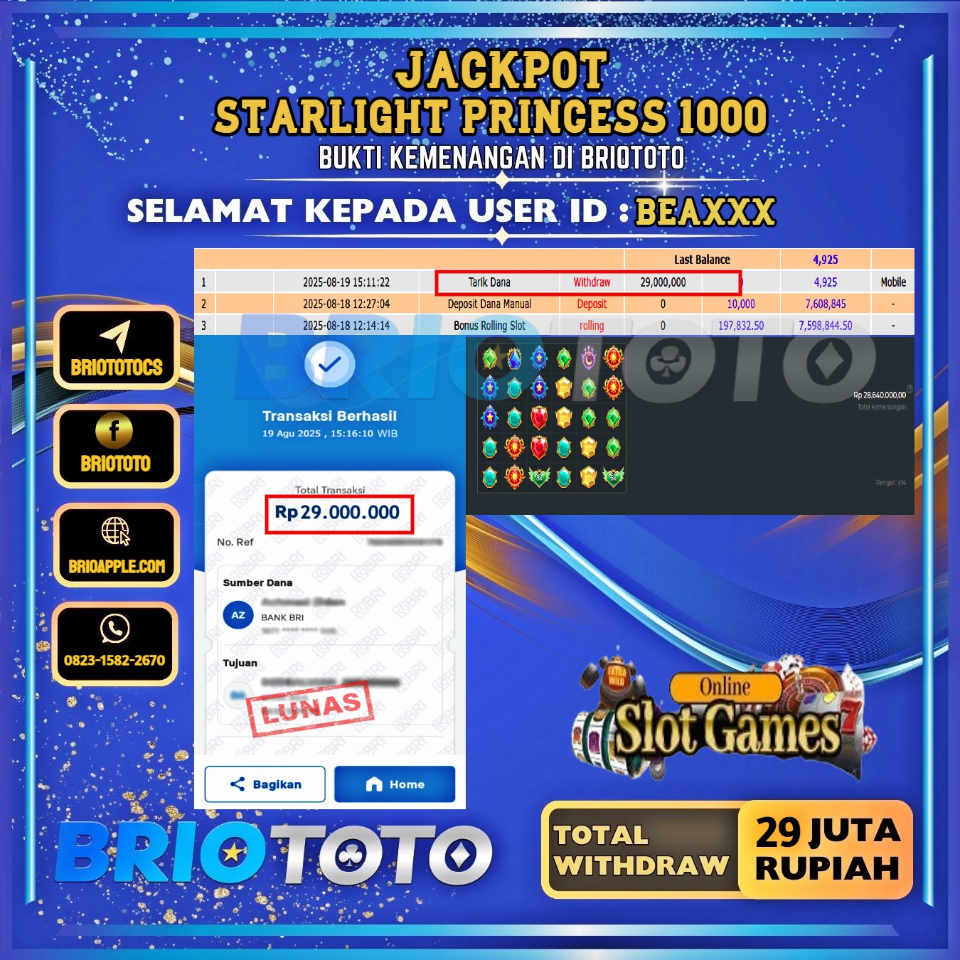 BRIOTOTO JACKPOT SLOT STARLIGHT PRINCESS 1000 RP.29.000.000,- LUNAS USER ID : BEA***