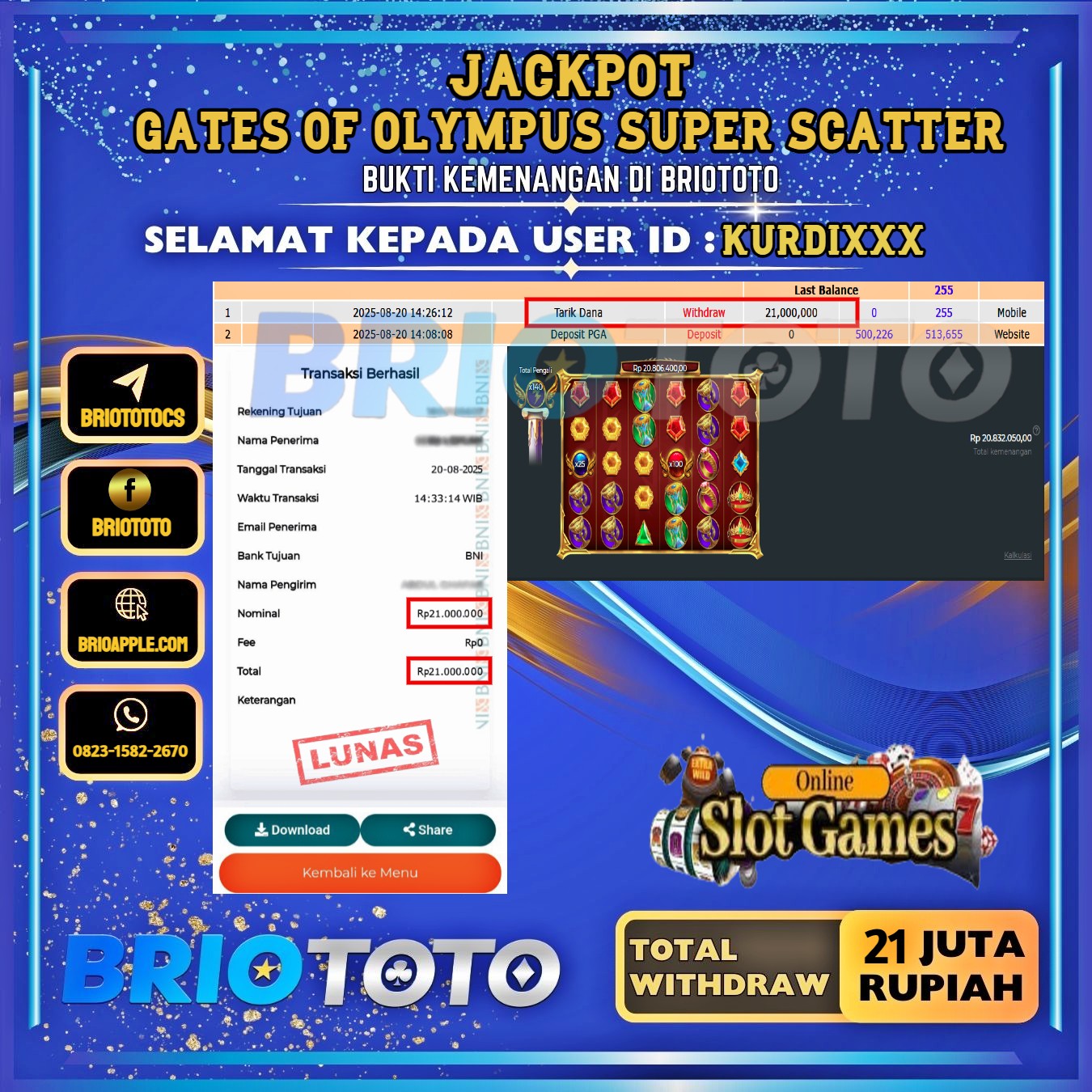 BRIOTOTO JACKPOT SLOT GATES OF OLYMPUS SUPER SCATTER RP.21.000.000,- LUNAS USER ID : KURDI***
