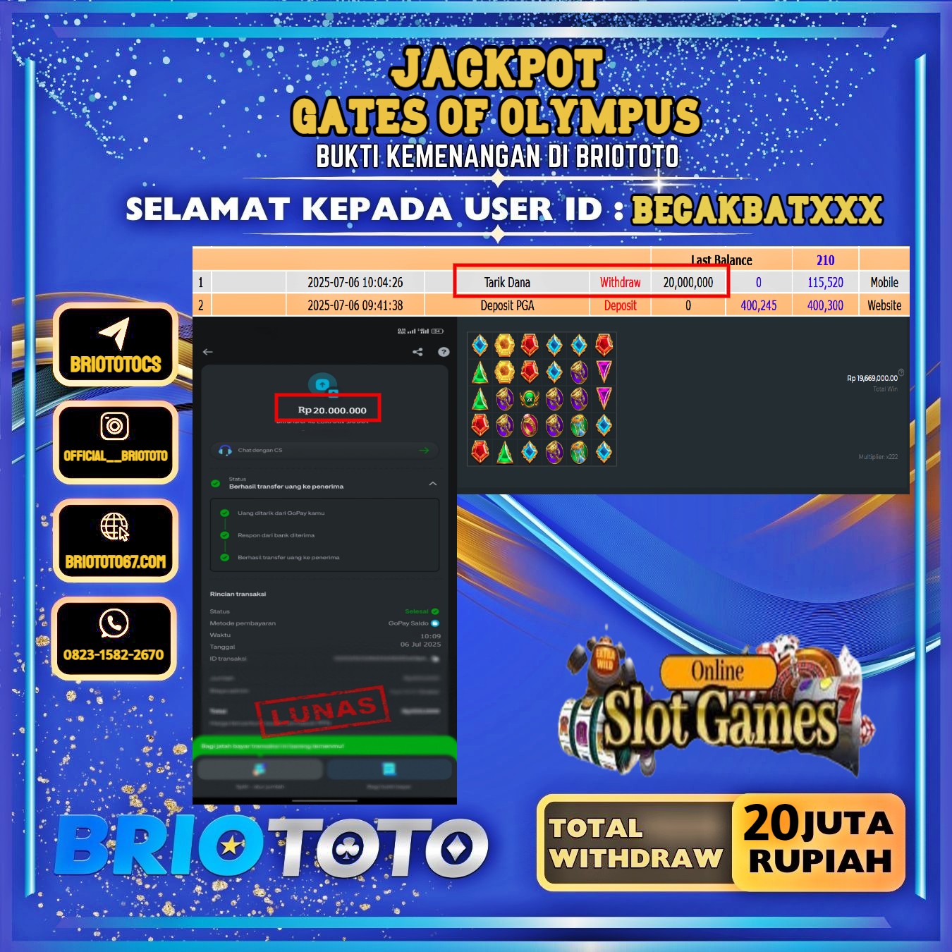 BRIOTOTO JACKPOT SLOT GATES OF OLYMPUS RP.20.000.000,- LUNAS USER ID : BECAKBAT***