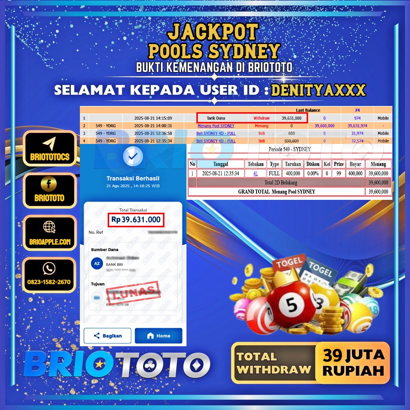 BRIOTOTO JACKPOT TOGEL PASARAN SYDNEY RP.39.000.000,- LUNAS USER ID : DENITYA***
